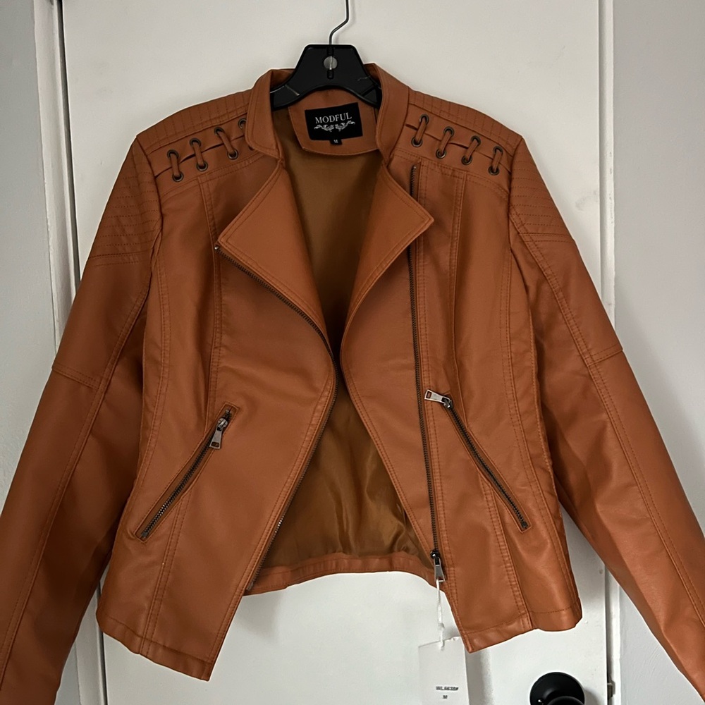 Women's Tan Faux Leather Moto Jacket